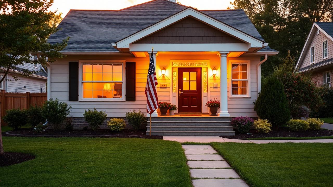 Warm, welcoming American home at golden hour with a flag on the front porch.