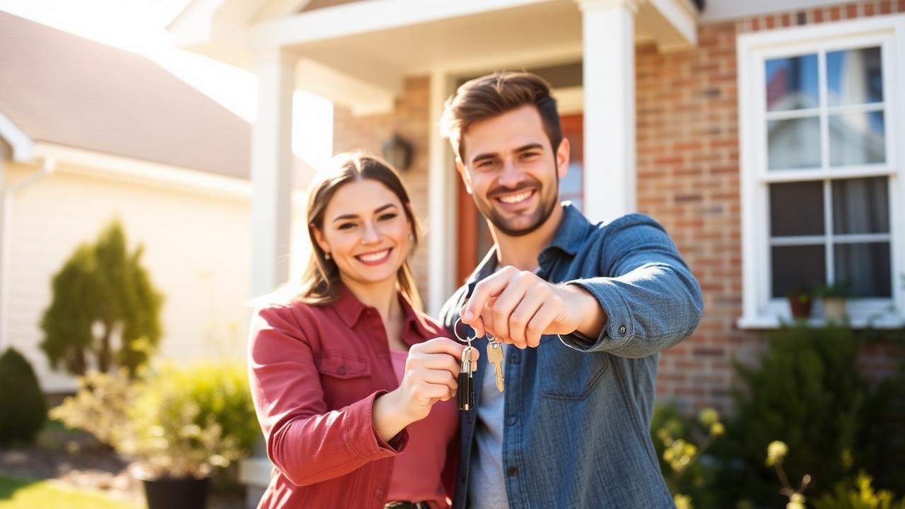 Happy young couple holding the keys to their new first home.