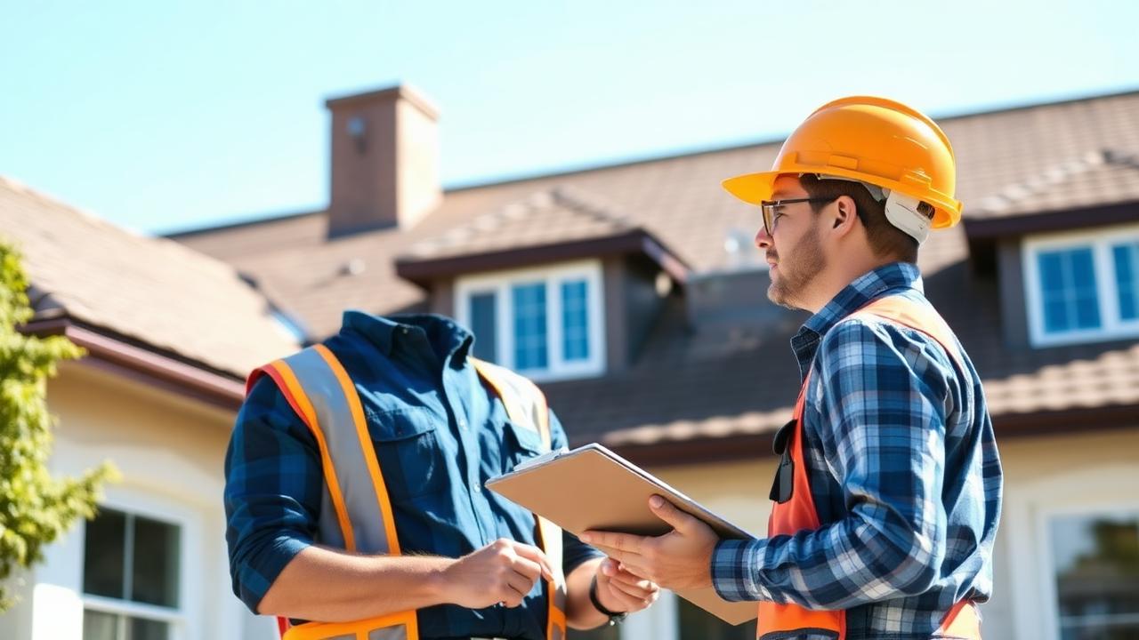 Home inspector in a hard hat examining a residential roof and exterior.