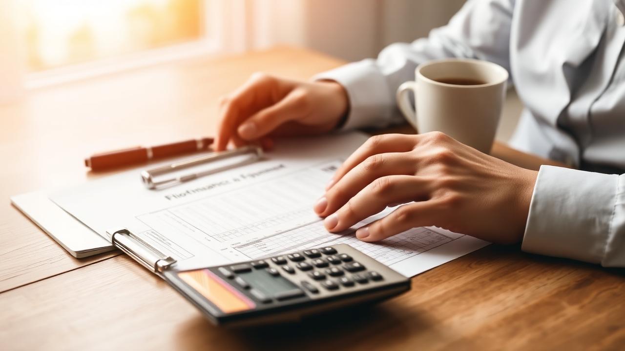 Hands reviewing refinance paperwork with a calculator on a wooden desk.